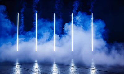 Fototapete - Dark blue background with fog and neon light tubes on the floor, stage design for a dance performance or concert, with a smoke effect moving from left to right.
