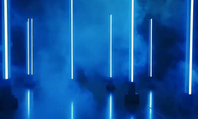 Fototapete - Dark blue background with fog and neon light tubes on the floor, stage design for a dance performance or concert, with a smoke effect moving from left to right.
