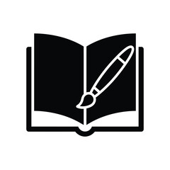Poster - An open book with a paintbrush resting on its pages, depicted in black silhouette against a white background, symbolizes creativity