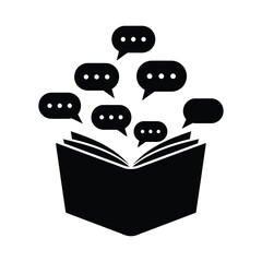 Poster - An open book with speech bubbles floating above it, rendered in black silhouette against a white backdrop, represents the power of communication