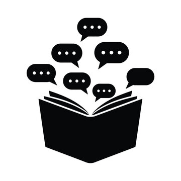An open book with speech bubbles floating above it, rendered in black silhouette against a white backdrop, represents the power of communication