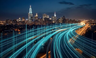 Aufkleber - A highway of light blue and teal data streams winds in the shape of a long, winding road, leading to a city skyline at night with buildings lit up.