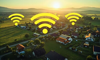 Aufkleber - Aerial view of a small town with houses and green fields, with yellow-colored wireless network symbols floating above the scene at sunrise.