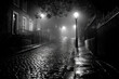 © Petr - Rainy film noir street scene with glowing streetlamp and misty cobblestones
