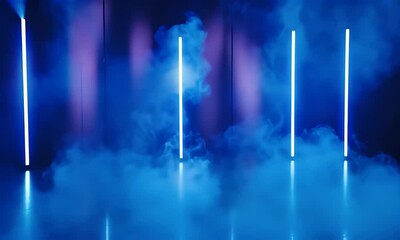 Fototapete - Dark blue background with fog and neon light tubes on the floor, stage design for a dance performance or concert, with a smoke effect moving from left to right.

