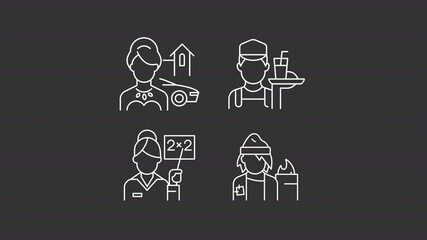 Poster - Social classes animation set. Income levels animated white line icons. Hospitality service, unemployed. Rich woman, school teacher. Isolated elements on dark background. Alpha channel HD video