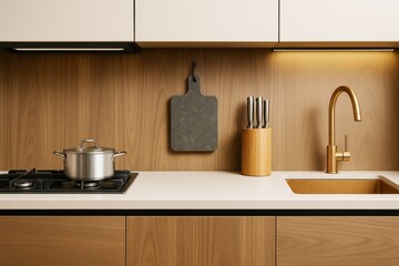 Aufkleber - Modern minimalist kitchen interior with wood panel walls, matte cabinets, gold faucet, and neutral decor in warm lighting environment.