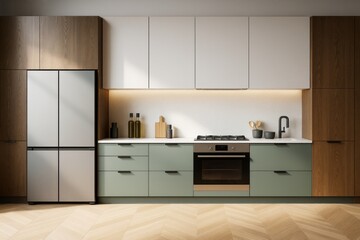 Poster - Modern minimalist kitchen interior with wooden and matte cabinets, soft lighting, and clean design in contemporary home decor style.