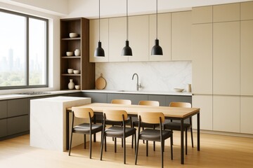 Aufkleber - Contemporary light-filled kitchen interior with wood and marble design, modern furniture and minimalist decor in neutral tones.