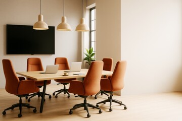 Aufkleber - Modern conference room with orange chairs, wooden table, laptops, and large screen in bright minimalist interior with natural light and decor.
