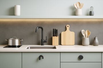 Aufkleber - Minimalist modern kitchen interior with sleek black faucet, utensils, and cutting board on light countertop under soft ambient lighting.