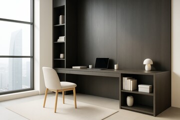 Aufkleber - Minimalist contemporary home office with modern dark wood furniture, neutral decor, and large window view in bright interior room concept.