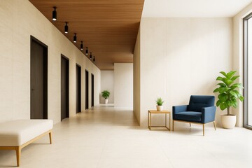 Aufkleber - Modern minimalist hallway interior with wooden ceiling, black doors, indoor plants, and stylish furniture in neutral tones and natural light.