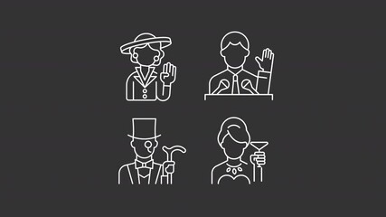 Poster - Rich people animation set. Social elite animated white line icons. Public speaker. Politician, aristocracy. Luxury, success. Isolated elements on dark background. Alpha channel HD video
