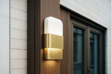 Poster - Modern brass wall light fixture mounted on wooden panel with background of contemporary architecture and glass doors in urban building exterior.