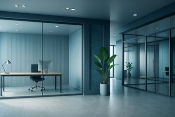Poster - Modern office interior with glass walls, minimalist furniture, and decorative plants in a sleek, contemporary workspace setting. Ai generative.