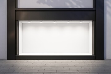 Aufkleber - Empty modern display window with black frame and white illuminated background on tiled floor for branding and advertising mockup concept.