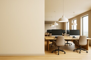 Poster - Modern office interior with blank wall and rows of computer desks under pendant lights in clean contemporary workspace. Ai generative.