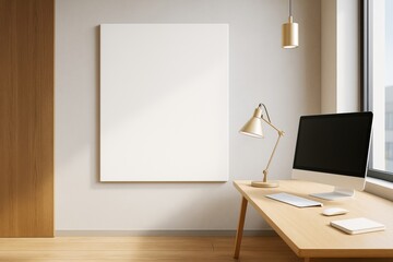 Aufkleber - Blank canvas on wall in minimalist modern office interior with wooden desk, computer, lamp, and window in bright daylight. Ai generative.