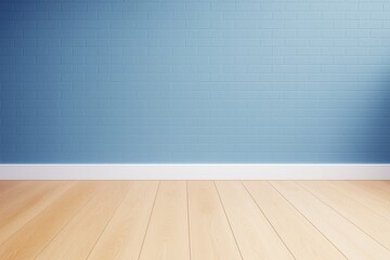 Aufkleber - Empty modern room with light wood floor and blue brick wall background for interior design mockup or branding presentation template concept.