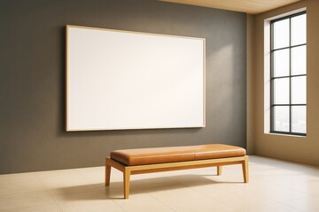 Aufkleber - Blank horizontal frame on dark wall in modern interior with bench and large window in natural light for branding or artwork presentation concept.
