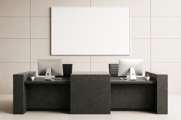 Aufkleber - Contemporary office reception desk with blank white frame on wall in modern interior space with computers and minimal decor for branding mockup.