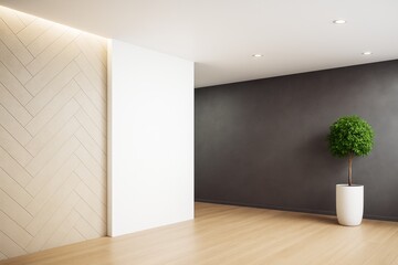 Aufkleber - Modern empty interior room with wooden floor, black accent wall, potted plant, and clean white copyspace for branding or design mockup. Ai generative.