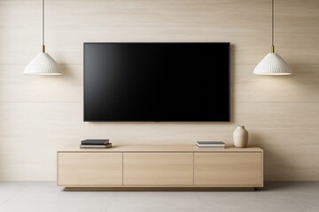 Aufkleber - Modern minimalist living room interior with blank black TV screen, wooden cabinet, pendant lights and clean wall background for design mockup.