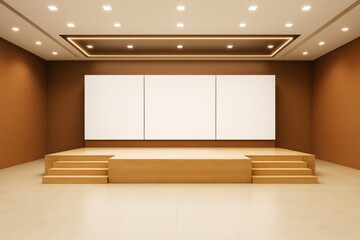 Aufkleber - Modern empty stage room interior with wooden platform and blank white wall panels under bright ceiling lights for creative branding display.