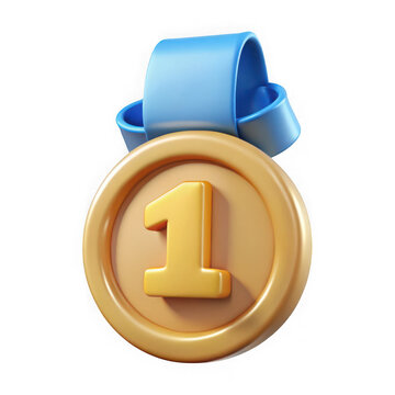 Golden medal with a blue ribbon and the number one symbol isolated on transparent background