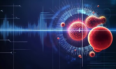 Aufkleber - Abstract futuristic background with laser crosshairs and a hologram of red glowing cells on a dark blue background, 