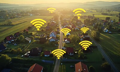 Aufkleber - Aerial view of a small town with houses and green fields, with yellow-colored wireless network symbols floating above the scene at sunrise.