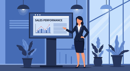 Poster - Professional Businesswoman Presenting Sales Performance Growth In Modern Office