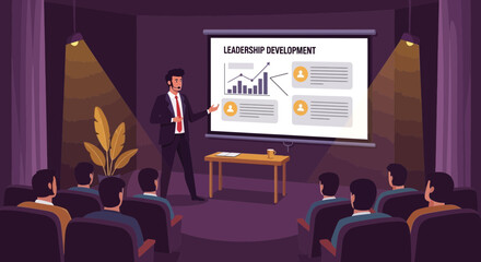 Poster - Professional Presentation On Leadership Development Strategy In Auditorium Meeting