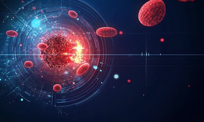 Aufkleber - Abstract futuristic background with laser crosshairs and a hologram of red glowing cells on a dark blue background, 