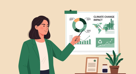 Poster - Woman Presenting Climate Change Impact Charts and Data Visualizations