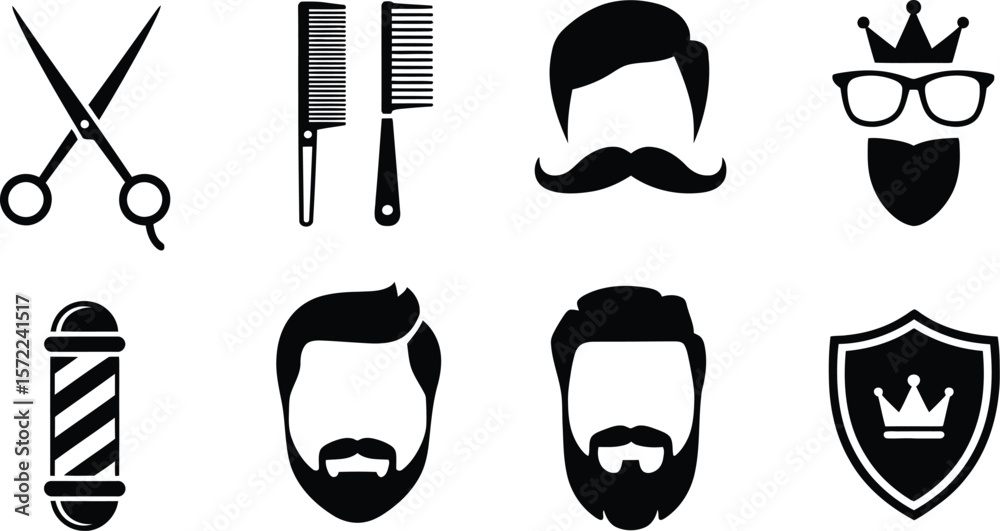 Collection of black and white barber shop icons and design elements set ...