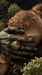 Poster - Dark, textured bread held by a strange hand.