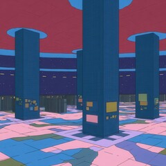 Aufkleber - Abstract interior space with large pillars and colorful patterns.