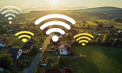 Aufkleber - Aerial view of a small town with houses and green fields, with yellow-colored wireless network symbols floating above the scene at sunrise.