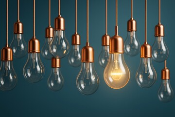 Poster - Hanging lightbulbs with one illuminated bulb symbolizing creativity and innovation on a blue background in digital abstract style.
