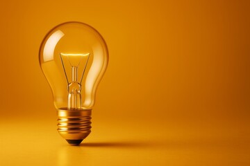 Poster - Glowing light bulb standing on yellow surface with warm orange background, symbolizing bright idea and business innovation concept.