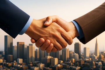 Fototapete - Business handshake symbolizing partnership and trust with a city skyline background under warm light, representing corporate success concept.
