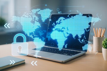 Aufkleber - Cybersecurity concept with digital world map and padlock hologram over laptop on desk in light business background, symbolizing data protection.