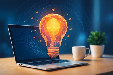 Aufkleber - Glowing polygonal light bulb emerging from laptop screen symbolizing innovation and creativity in modern business workspace environment.