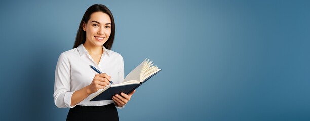 Aufkleber - Smiling businesswoman writing in notebook with pen, standing against light blue background with copyspace for design or advertising concept.