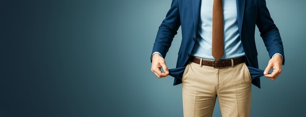 Aufkleber - Businessman in formal attire showing empty pockets against gradient blue background, symbolizing financial crisis with copyspace on the left side.