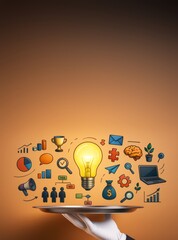 Poster - Business concept with glowing light bulb and colorful icons on orange background symbolizing innovation, strategy, and marketing ideas.