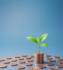 Aufkleber - Stack of coins with green plant sprouting on top, surrounded by scattered coins on blue background symbolizing financial growth and sustainability.