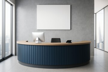 Aufkleber - Modern office reception desk with blank poster on wall in bright high-rise interior, ideal for business branding or promotional design mockup.